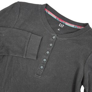 Gap Large Henley Top Womens Black Waffle Knit Thermal Casual Basic